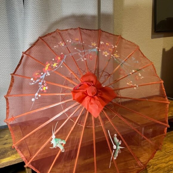 Vintage Transparent Red Fabric Parasol Floral with Butterflies Hand Painted 17"H - Picture 1 of 11